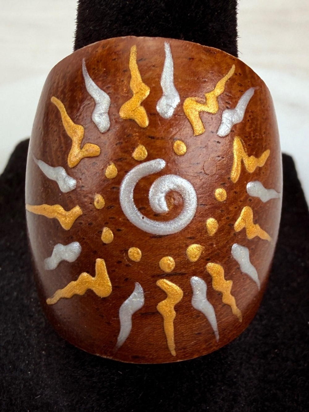 Bohemian chic, lightweight wood, hand-painted ring size 9 costume